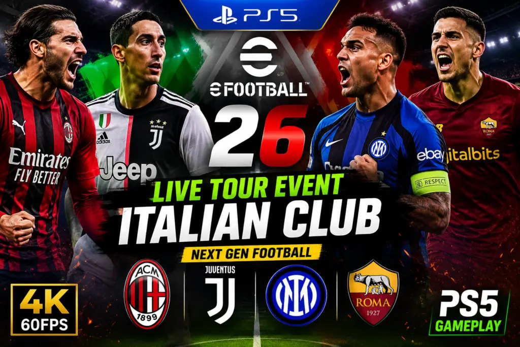 LIVE TOUR EVENT – Italian Club | eFootball 26 PS5 🔥 Welcome to the Live Tour Event – Italian Club in eFootball 26 on PlayStation 5, where legendary Italian clubs collide in an intense, action-packed football experience! 🇮🇹⚽ In this video, you’ll watch live gameplay, competitive matches, and high-level football featuring some of Italy’s biggest clubs such as AC Milan, Juventus, Inter, and Roma, brought to life with next-gen graphics and improved gameplay mechanics in eFootball 2026. 🎮 What you’ll see in this video: Live Tour Event with Italian clubs Full PS5 gameplay (4K / 60FPS) Tactical play, formations, and realistic action Competitive matches and spectacular goals Immersive stadium atmosphere and next-gen visuals This event is perfect for fans of eFootball, Italian football, and realistic sports gaming. If you love Serie A or enjoy watching high-quality PS5 gameplay, this video is made for you! 👉 Don’t forget to LIKE, SUBSCRIBE, and COMMENT for more eFootball 26 content, live events, and epic matches on PS5. Your support means a lot! ❤️ 📢 Let me know in the comments which Italian club you support and which team you’d like to see next!